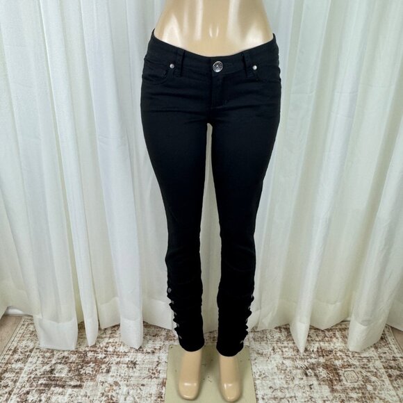 Women's Guess Ruched Snap Button Accent Mid Rise Skinny Jeans Denim Sz 29 Black - Picture 1 of 14